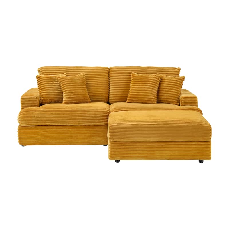 Corduroy Deep Seat L-shaped Chaise Sectional Sofa with Storage Ottoman