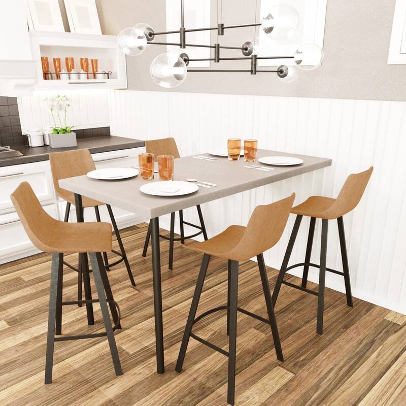 Elland Modern Upholstered Leather Bar Stool with Stainless Steel Legs, Curve Padded Seat, Built-in Footrest, and Plastic Glides