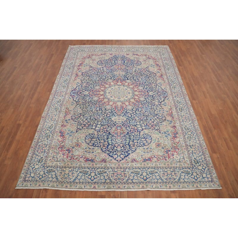 Hand Knotted Oriental 100% Wool Carpet Traditional Floral Navy Blue & Blues Kerman Area Rug - 10' 9'' X 7' 11''