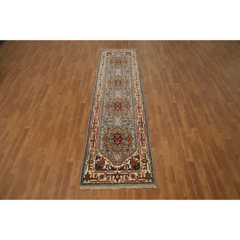 Hand Knotted Oriental 100% Wool Carpet Traditional Geometric Greys & Charcoal Heriz (serapi) Runner Rug - 9' 10'' X 2' 7''