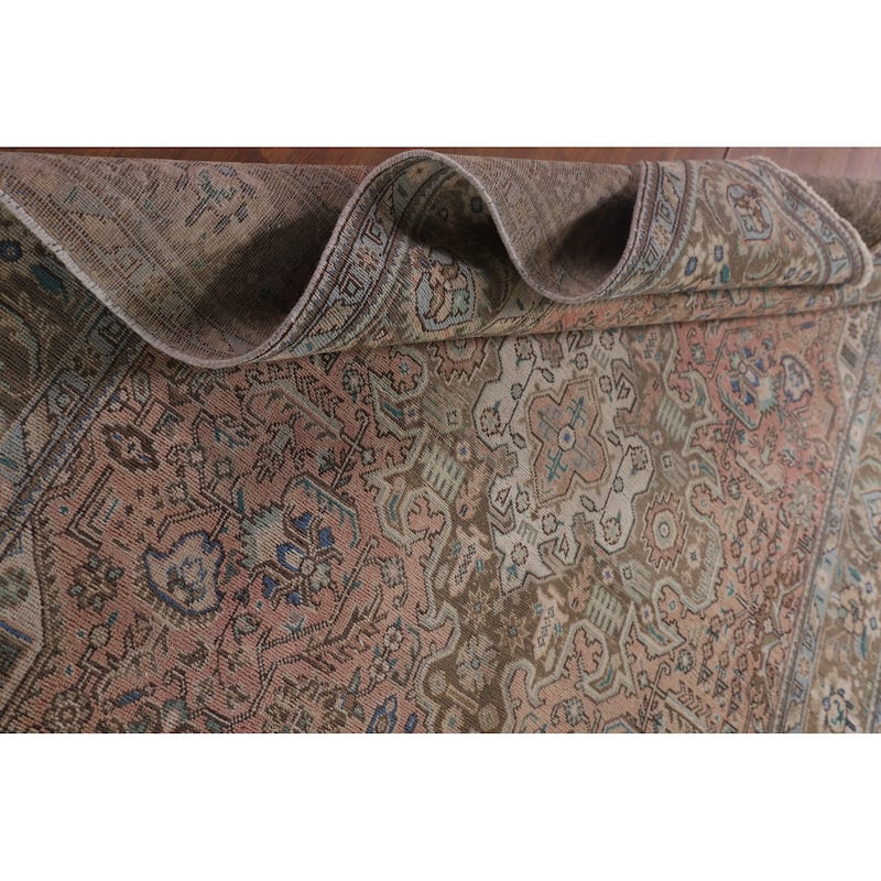 Pink Geometric Tabriz Persian Vintage Rug Hand-Knotted Wool Carpet - 6'5" x 9'9"
