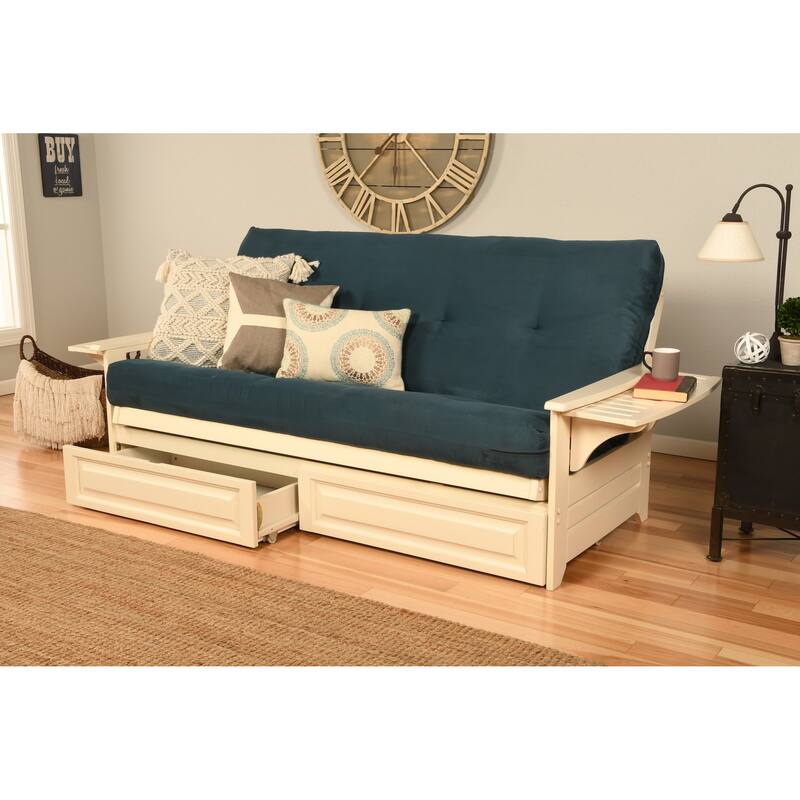 Somette Phoenix Futon Set in Antique White Wood with Innerspring Mattress and Storage Drawers - Suede Blue