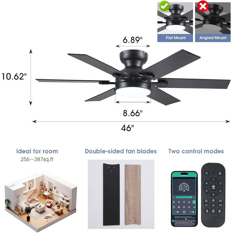 46/52 inch Flush Mount Ceiling Fan with Light,Remote and APP Control,6 Dual Side Blades,Reversible DC Motor