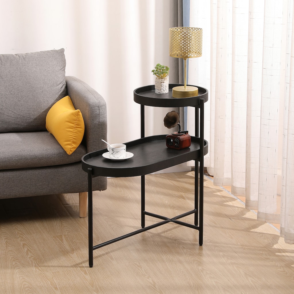 2-Tier Black Side Table with Storage Sofa Table, Metal Frame & Wooden Desk End Table