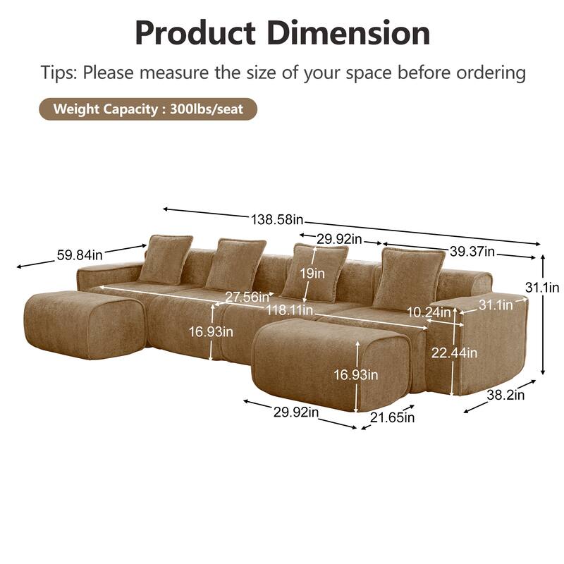 GDFStudio - Velvet Streamlined Modular 4-Seater 138.58" U-Shaped Sectional Sofa with 2 Ottomans