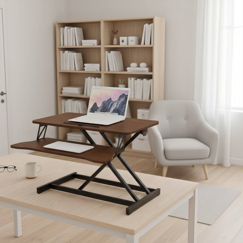 Anmytek 32 Inch Adjustable Sit to Stand Desk Converter Dual Monitor Riser Walnut