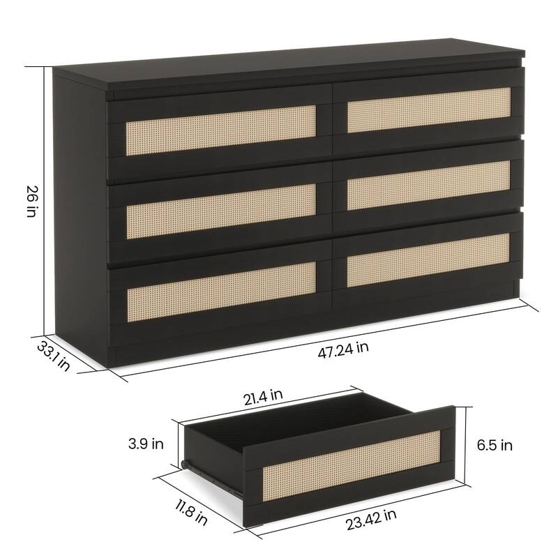 Rattan Dresser for Bedroom, Modern 6 Drawer Double Dresser with Anti-Tip Kit