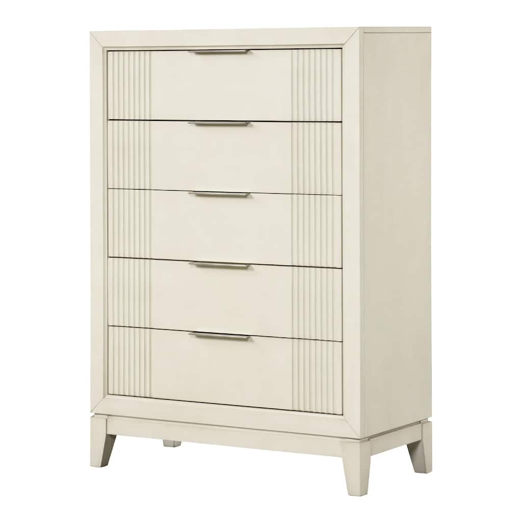 Toi Tall Dresser Chest, 5 Drawers, Chrome Finger Pulls, Antique White