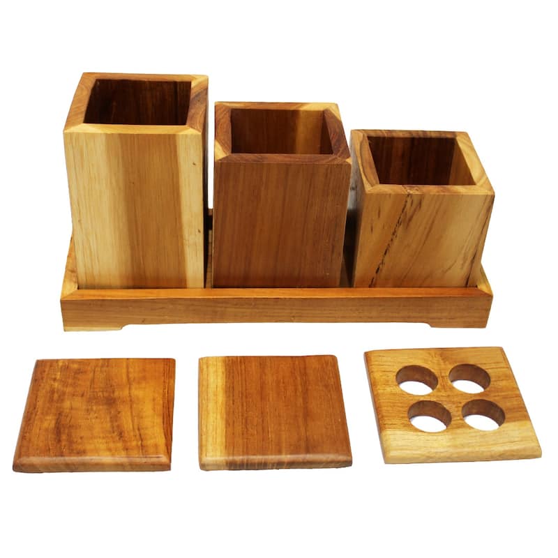 7 Piece Teak Wood Bathroom Amenities Set with Tray