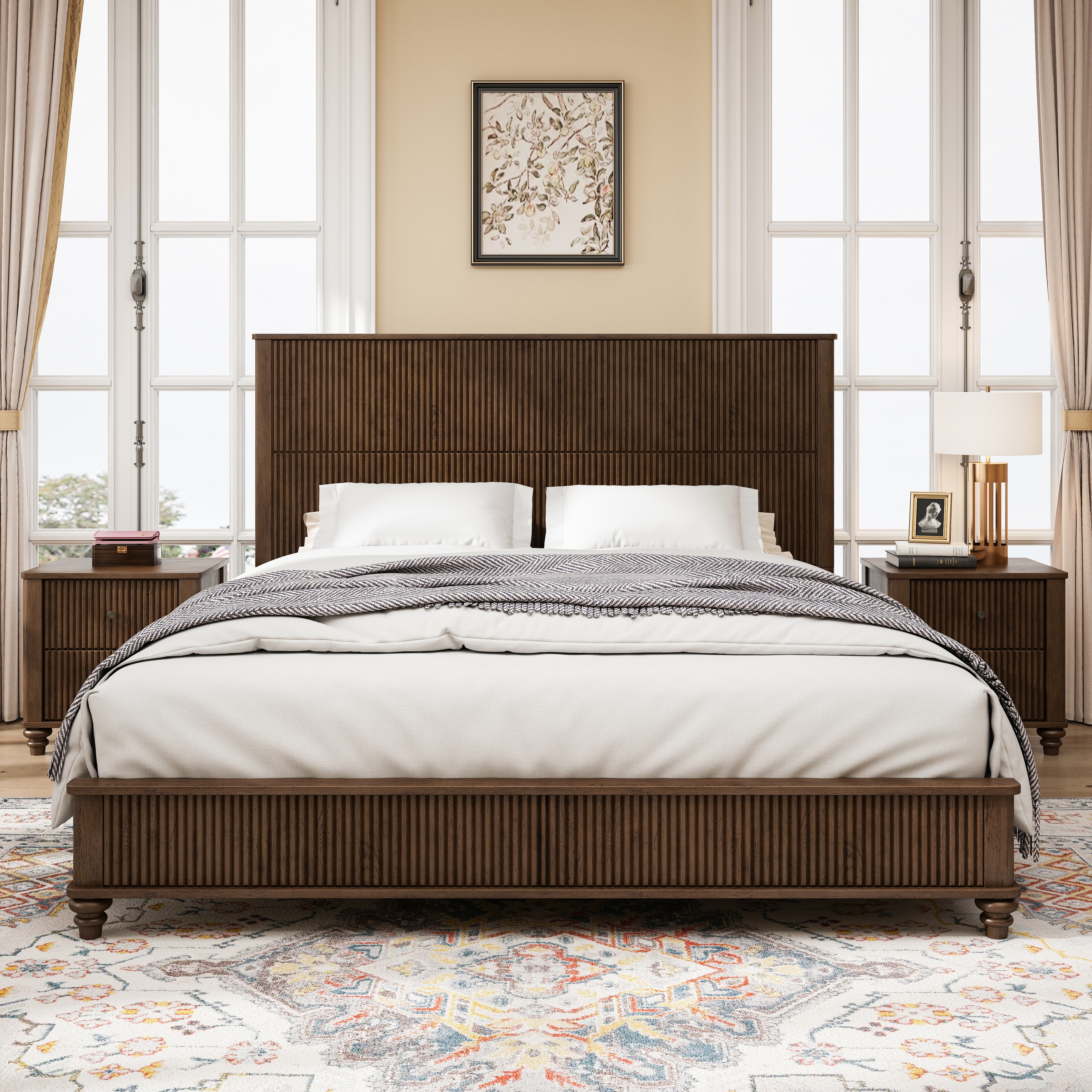 Bedroom Set with Wooden Platform Bed and Nightstands