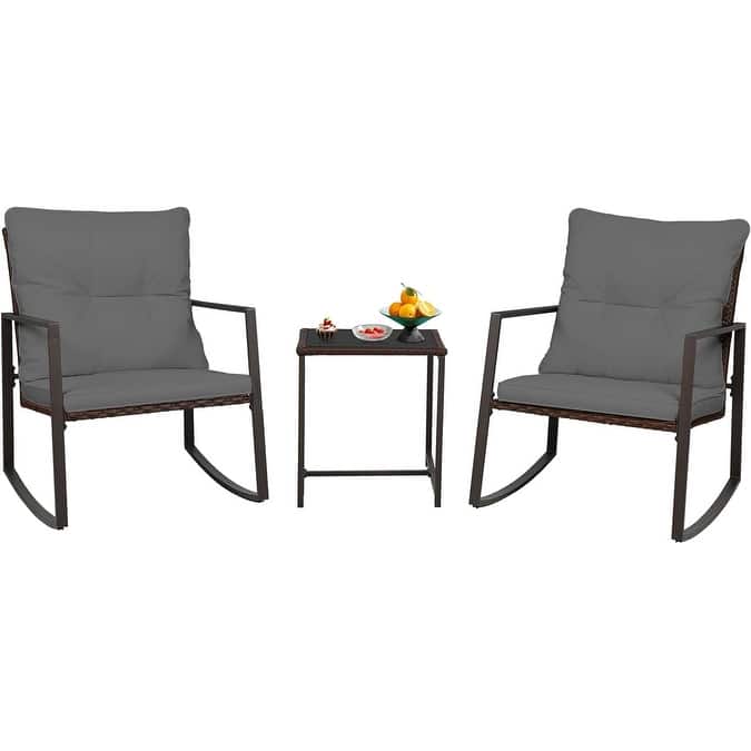 SUNCROWN 3-piece Outdoor Patio Brown/Black Wicker Rocking Chairs Conversation Bistro Set
