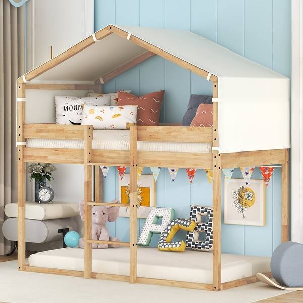 slide 2 of 28, Twin over Twin Pine Bunk Bed with Tent Natural