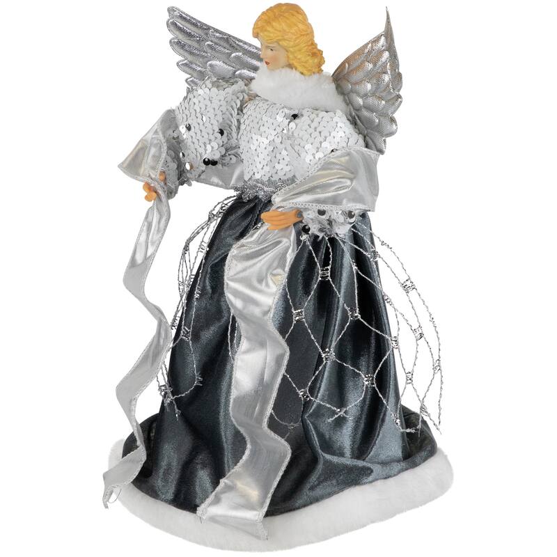 12" Slate Metallic Silver Sequined Angel Christmas Tree Topper, Unlit