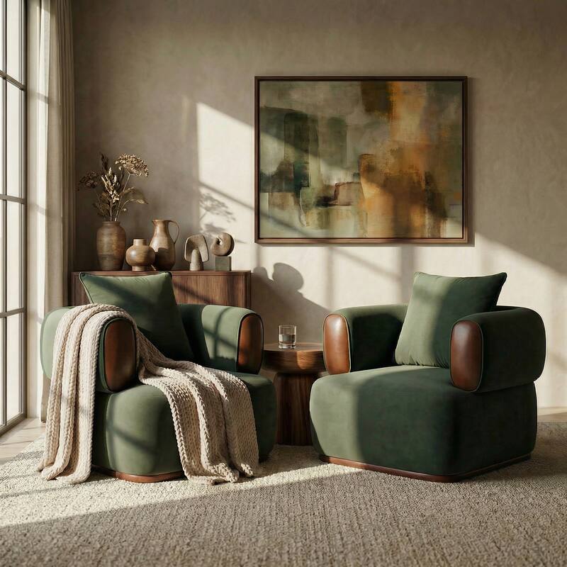 Christopher Knight Home Elyndor Velvet and PU Lounge Chair with Wrap-Around Backrest - 2 Piece - Sage