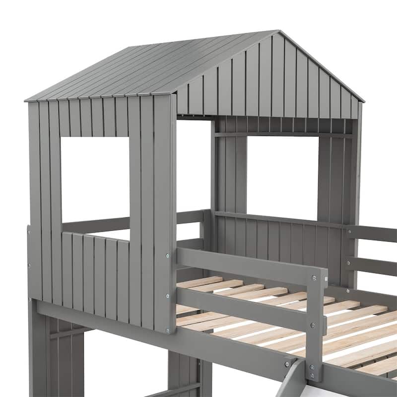Merax Wooden Twin over Full Bunk Bed with Playhouse, Farmhouse, Ladder, Slide and Guardrails