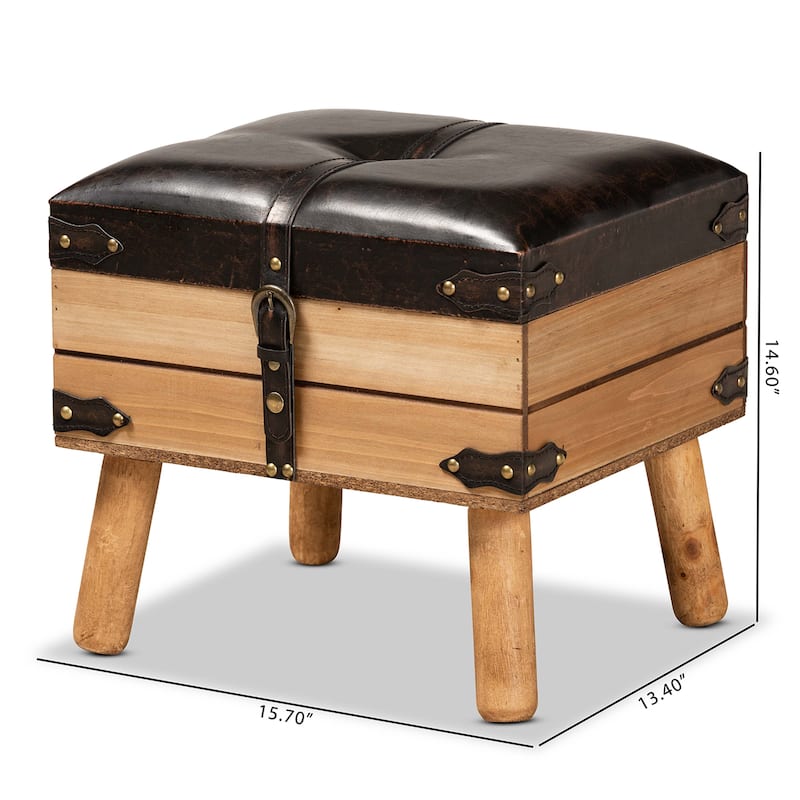 Amena Dark Brown PU Leather and Oak Wood Small Storage Ottoman