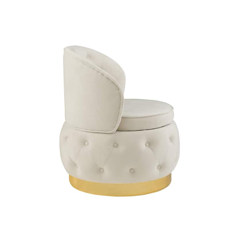Modern 25.2" Velvet 360° Swivel Buttons Tufted Barrel Chair with Gold Stainless Steel Base and Storage