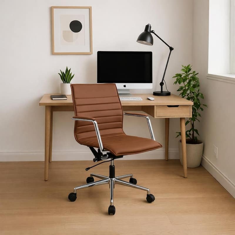 Modern Office Desk Chair | Upholstered PU Leather Ribbed Mid Back with Metal Frame | Adjustable Height, Tilt Lock