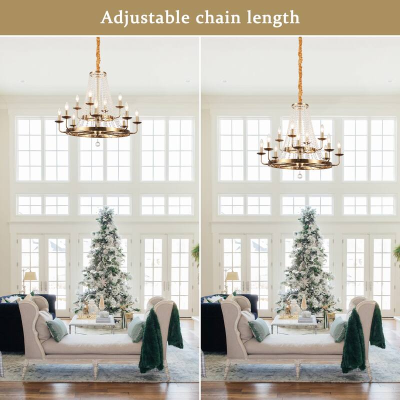 12-Light 29.52-inch Crystal Round Wagon Wheel Chandelier for Dining Room