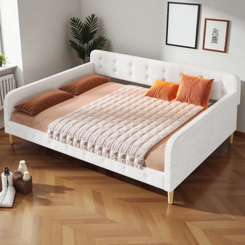 Queen Size Upholstered Daybed with Linen Fabric, Solid Wood Frame & 4 Support Legs, Sofa Bed for Guest Room