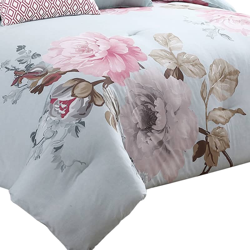 Queen Size 7 Piece Fabric Comforter Set with Floral Prints, Multicolor