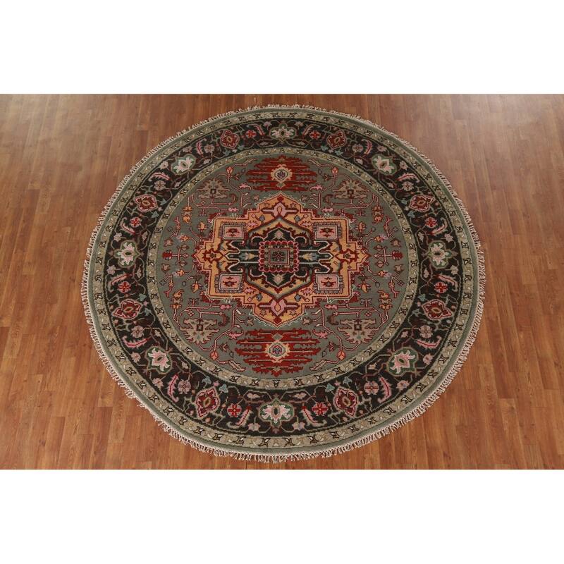 Geometric Heriz Serapi Oriental Round Area Rug Handmade Wool Carpet - 7'10"x 7'11"