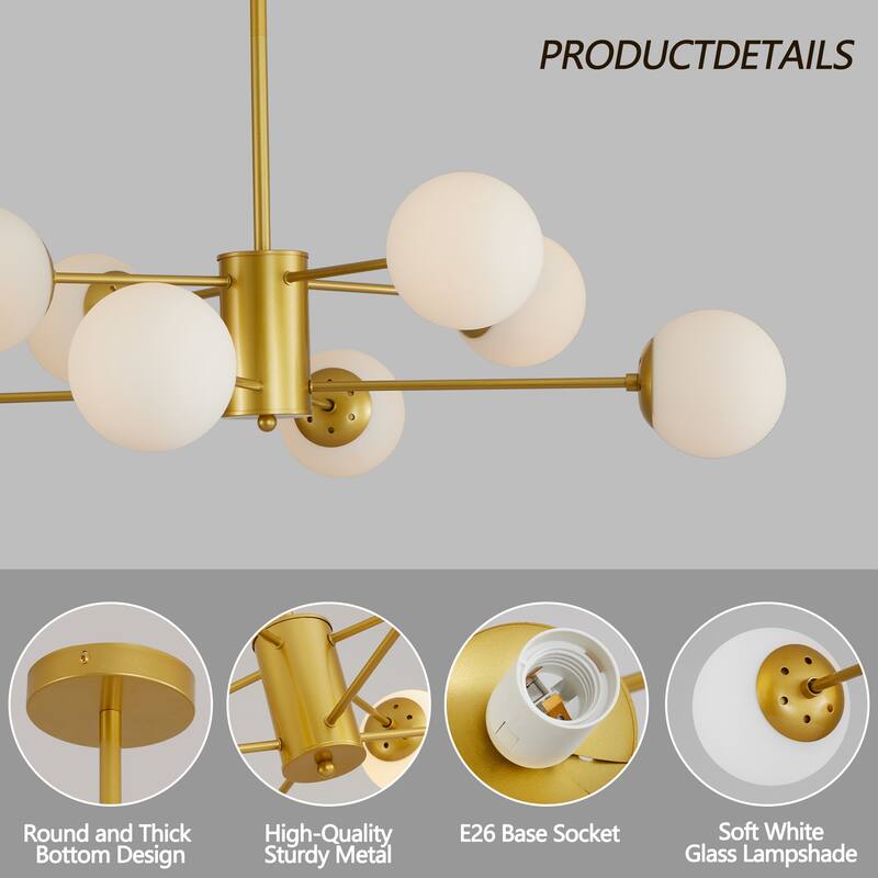 Elegant 8-Light Gold Chandelier with Frosted Glass Globes, Mid-Century Modern Ceiling Light Fixture for Living Room