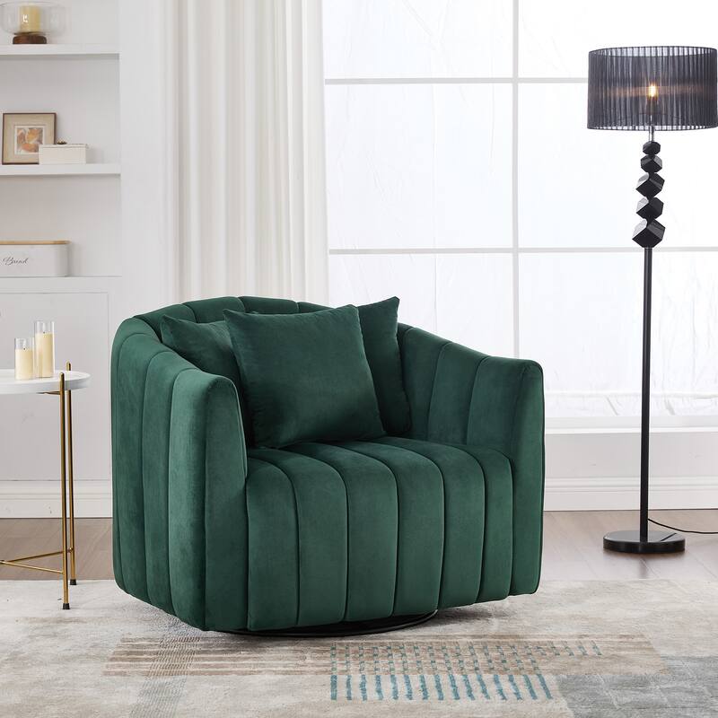 Roomfitters Oversized Swivel Barrel Chair, Velvet Channel Tufted Pumpkin-Shape Club Armchair with 3 Pillows for Living Room - Green