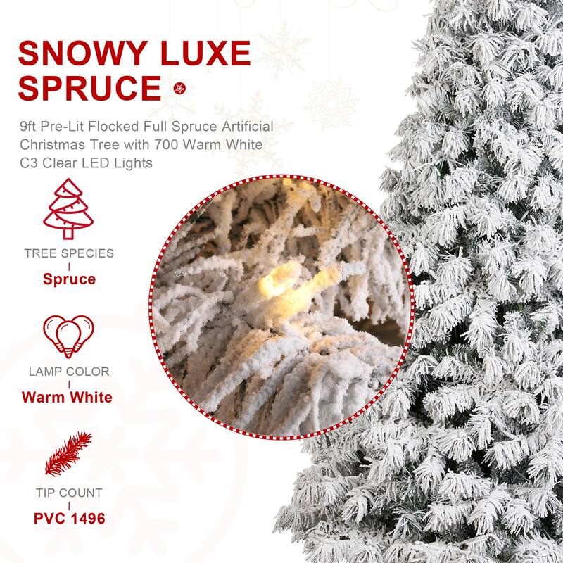 Glitzhome 7.5ft/9ft Pre-Lit Flocked Full Spruce Artificial Christmas Tree with C3 Lights Foot Switch