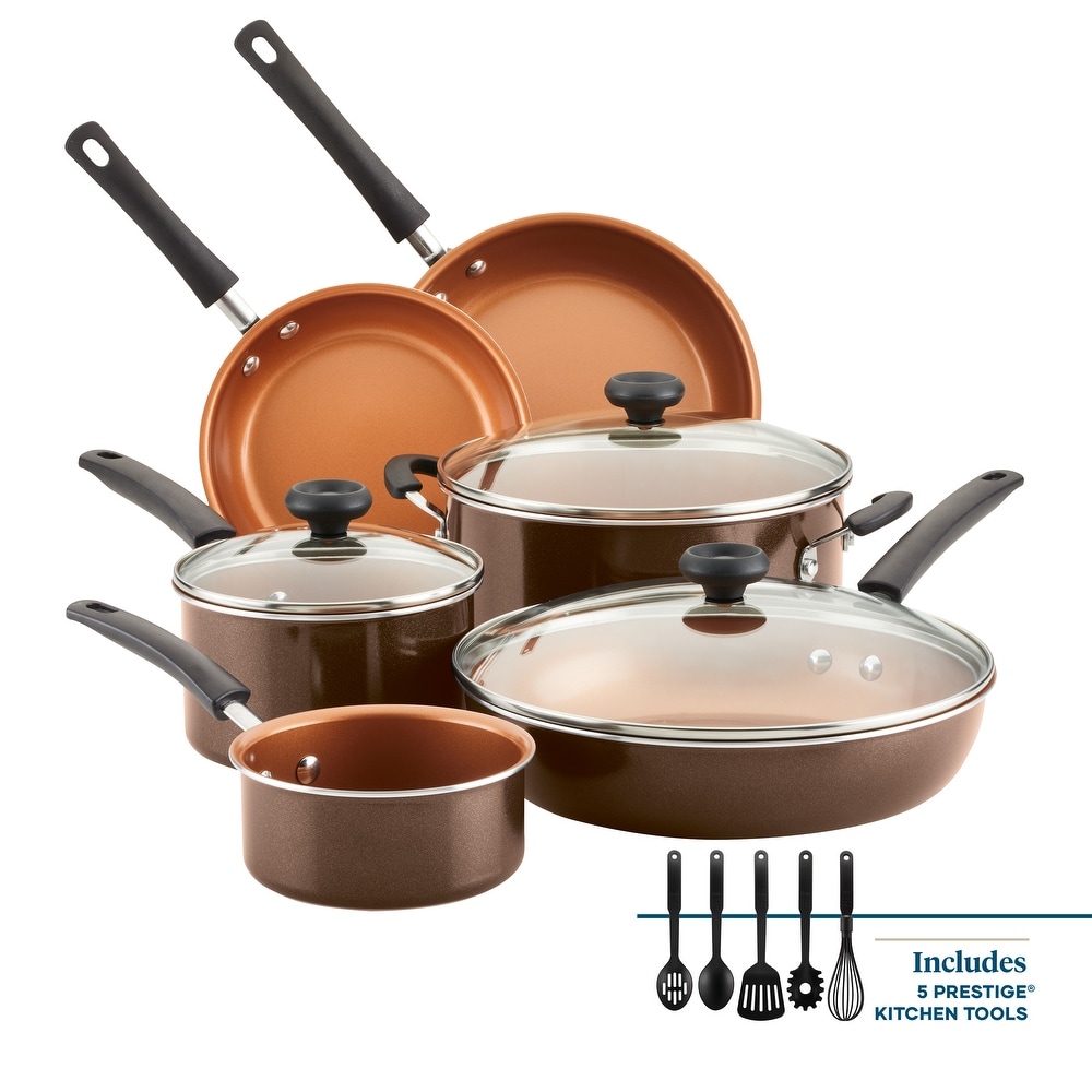Farberware Dishwasher Safe Aluminum Nonstick Cookware Pots and Pans Set,  15-Piece, Champagne - Bed Bath & Beyond - 8887185