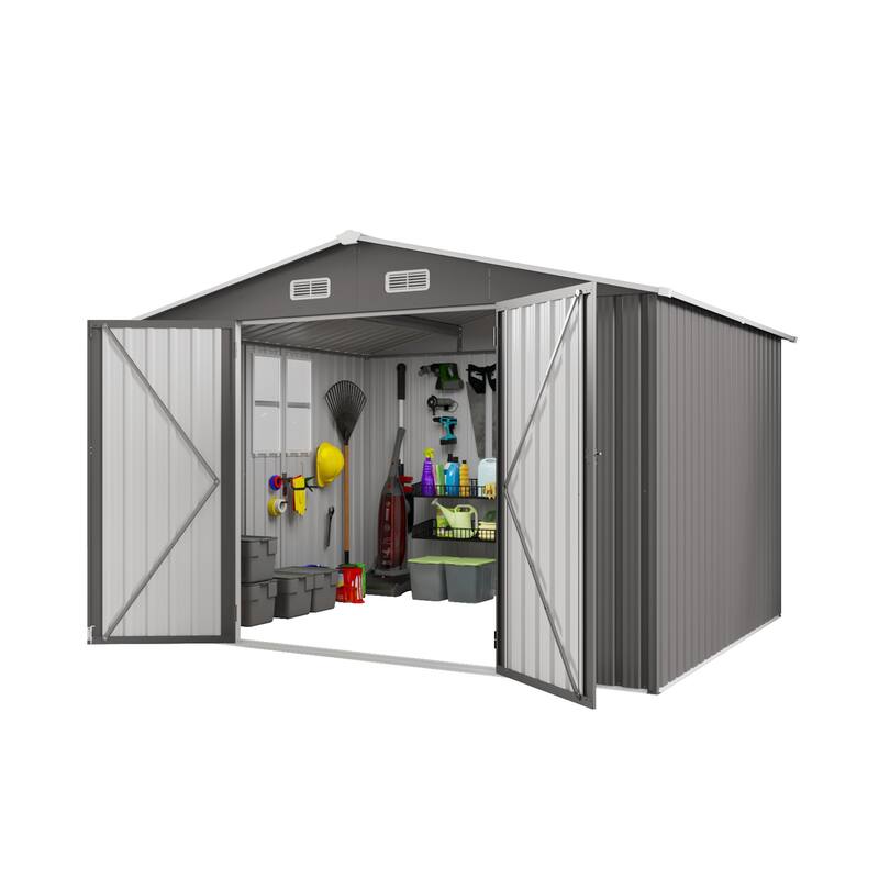 10 x 8 FT Outdoor Storage Shed, Large Metal Storage Shed, Lockable Door and Air Vent, Clear Window Garden Tool Shed