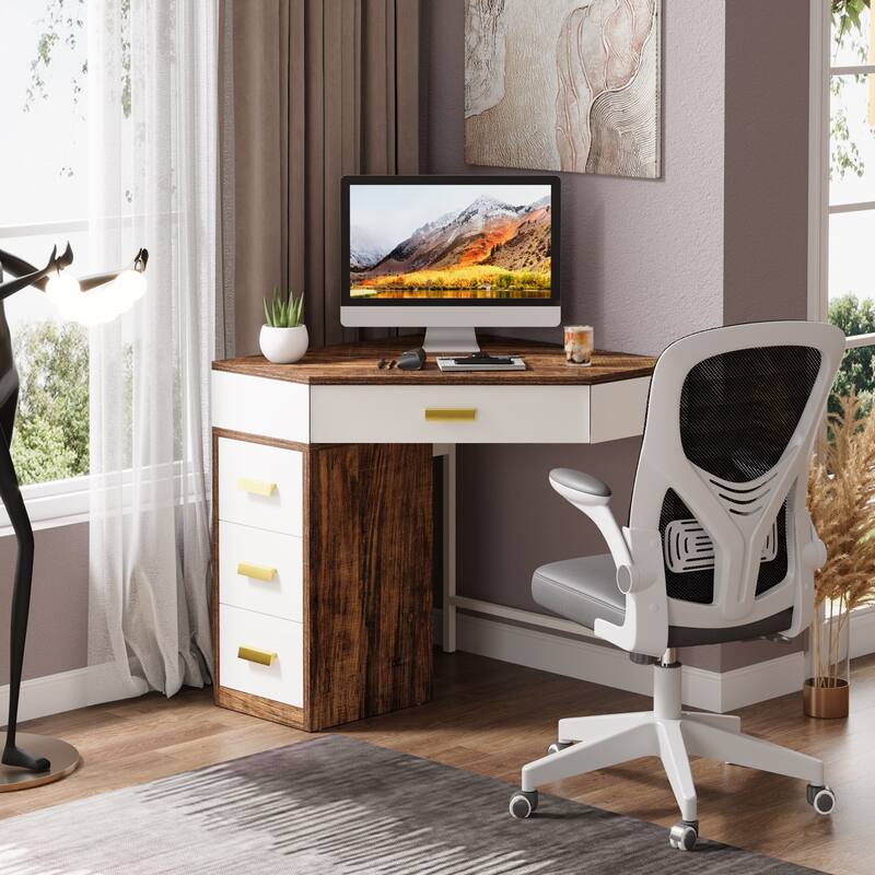 Corner Computer Desk with Drawers, Writing PC Makeup Vanity Storage Desk, Home Office Living Room Bedroom Accent Desk