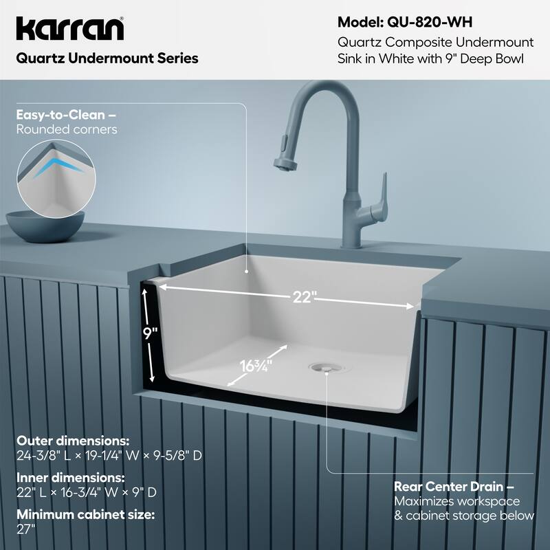 Karran Undermount 24.38 in Single Bowl Quartz Kitchen Sink