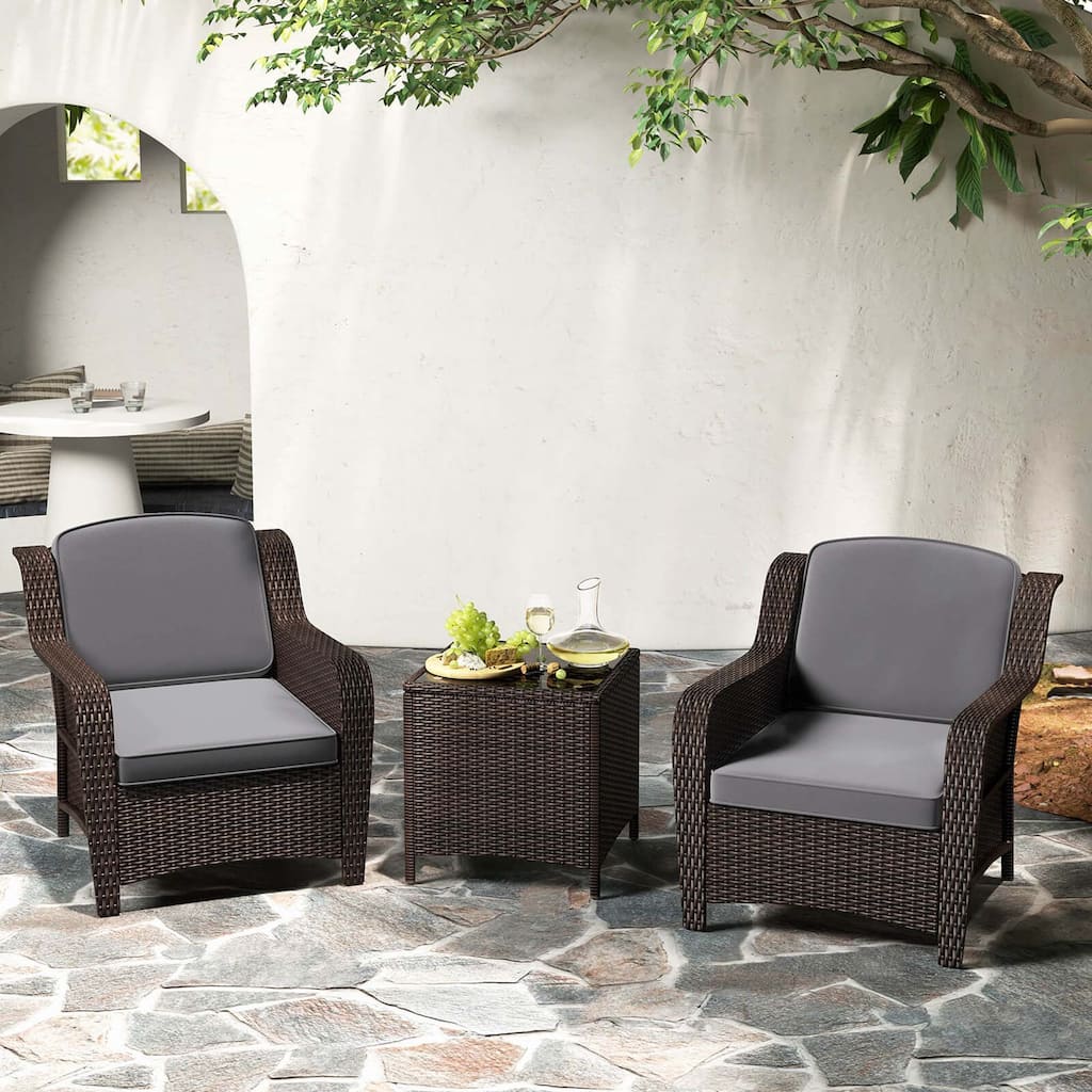 3 PCS Patio Furniture Set Rattan Wicker Outdoor Chairs w/ Coffee Table