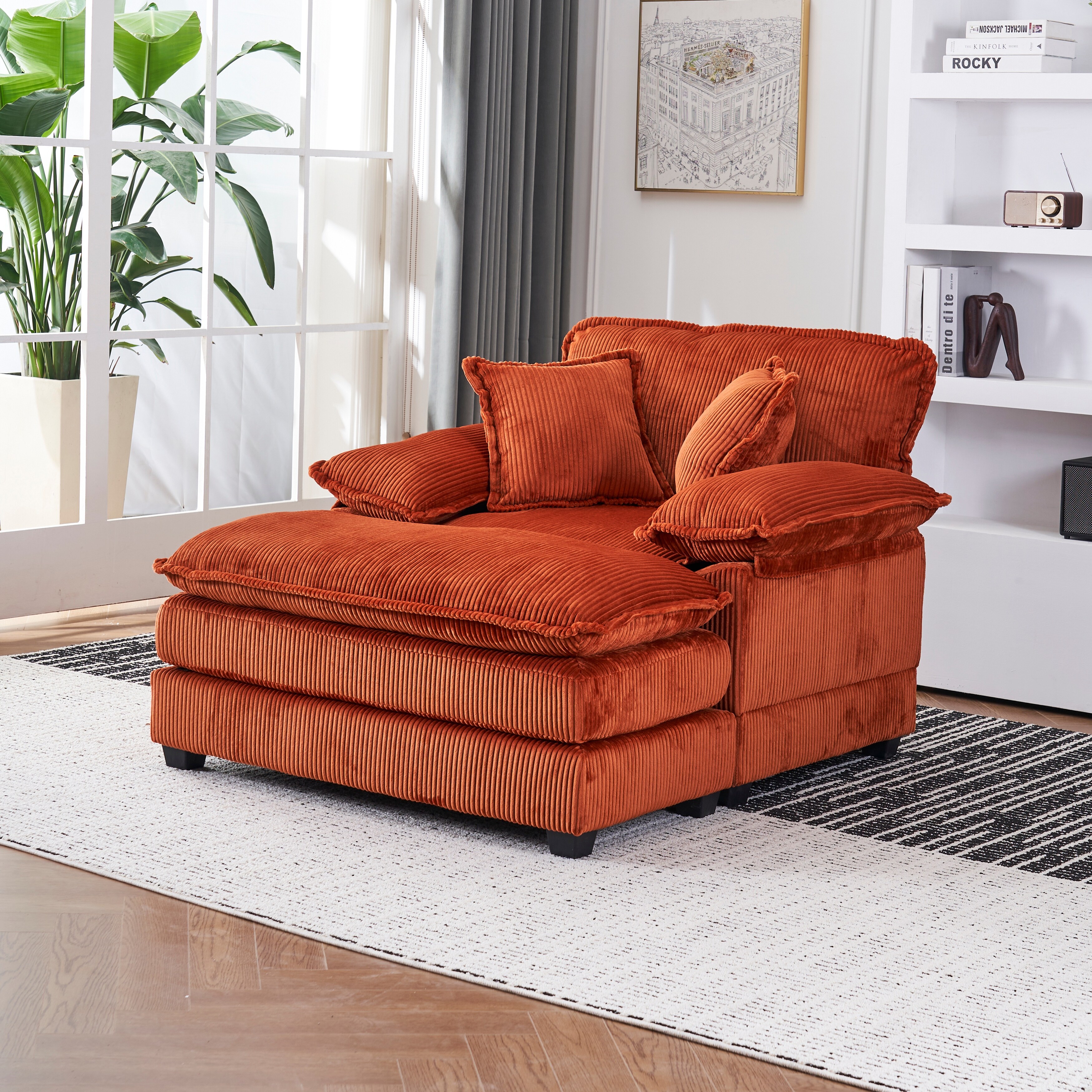 Deep Seat Accent Chair Ottoman Set of 2 Reclining Sofa Chair Orange Corduroy Upholstered Chaise Lounge with 2 Toss Pillows On Sale Bed Bath Beyond 41040530