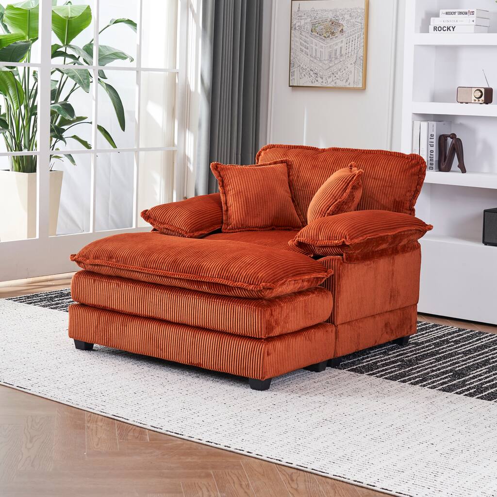 Orange 59.3" Corduroy Deep Seat Sofa with Ottoman and 2 Pillows