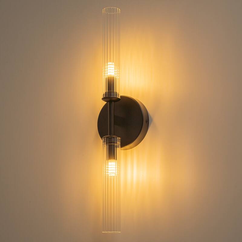 2-Light Mid-Century Modern Brushed Gold/Matte Black Finish Linear Vanity Light with Clear Striped Glass for Bathroom