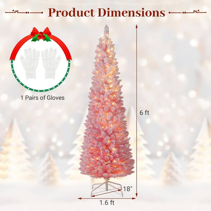 6/7FT Pre-lit Snow-Flocked Pencil Christmas Tree Pink Hinged Xmas Tree - 6 Foot