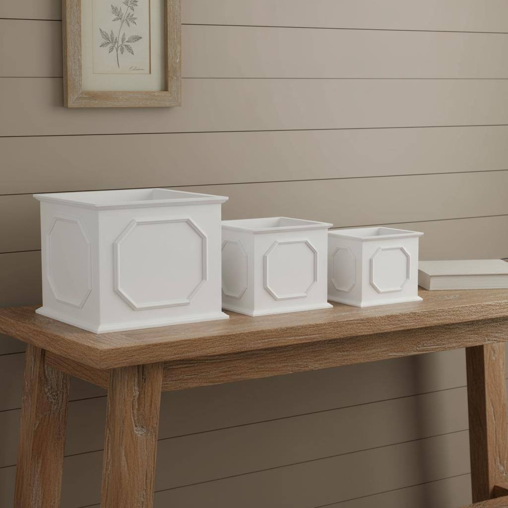 HomeRoots Set of Three White Wood Geometric Rectangular Planter Boxes - 13.00 in. x 11.10 in. x 8.25 in.