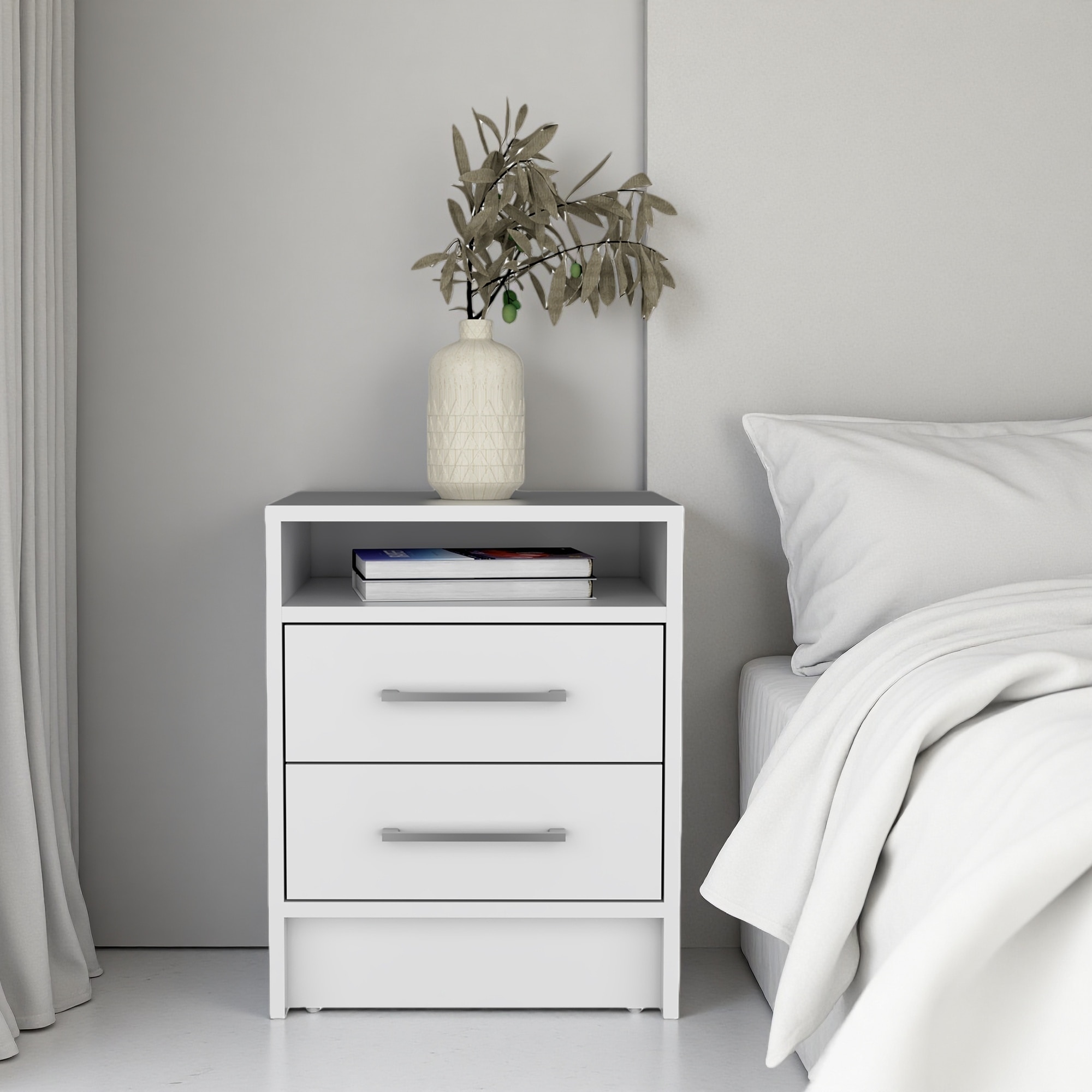 17.7"L Wood Nightstand, 2 Drawers & Open Shelf, Compact Modern