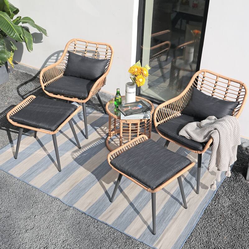 5-Piece Outdoor Wicker Cushioned Conversation Set - BlackRound