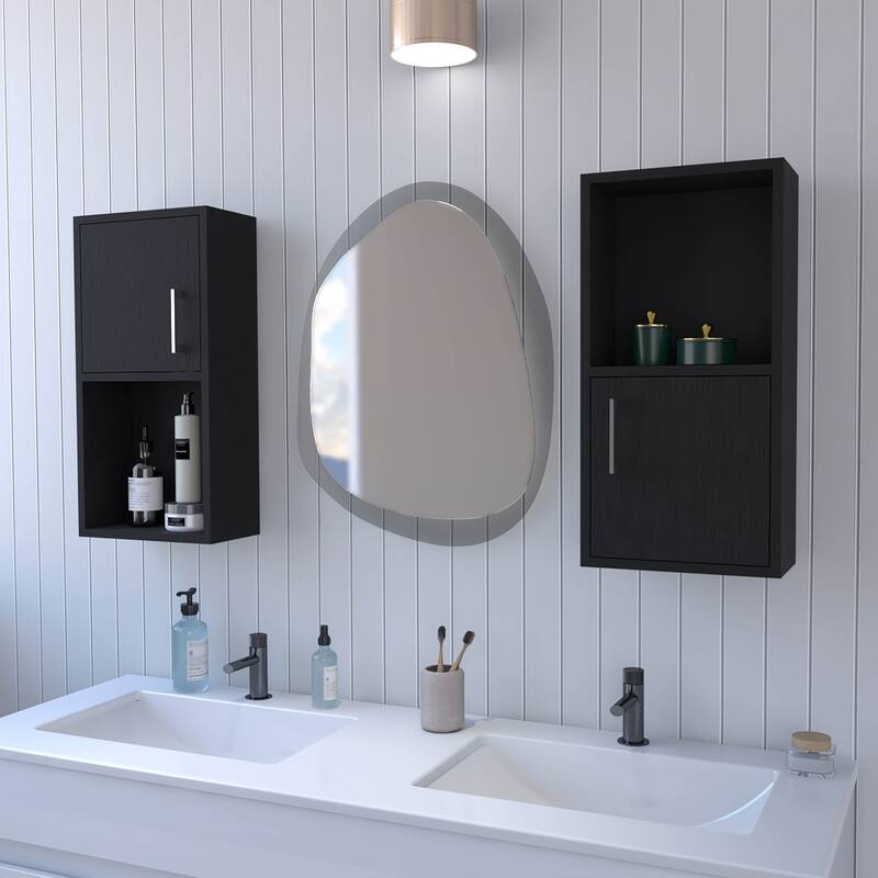 Wall-Mounted Bathroom Medicine Cabinets with Open Shelf, Sleek Handles for Storage and Organization - 6.2X11.8 in - Black + Wood