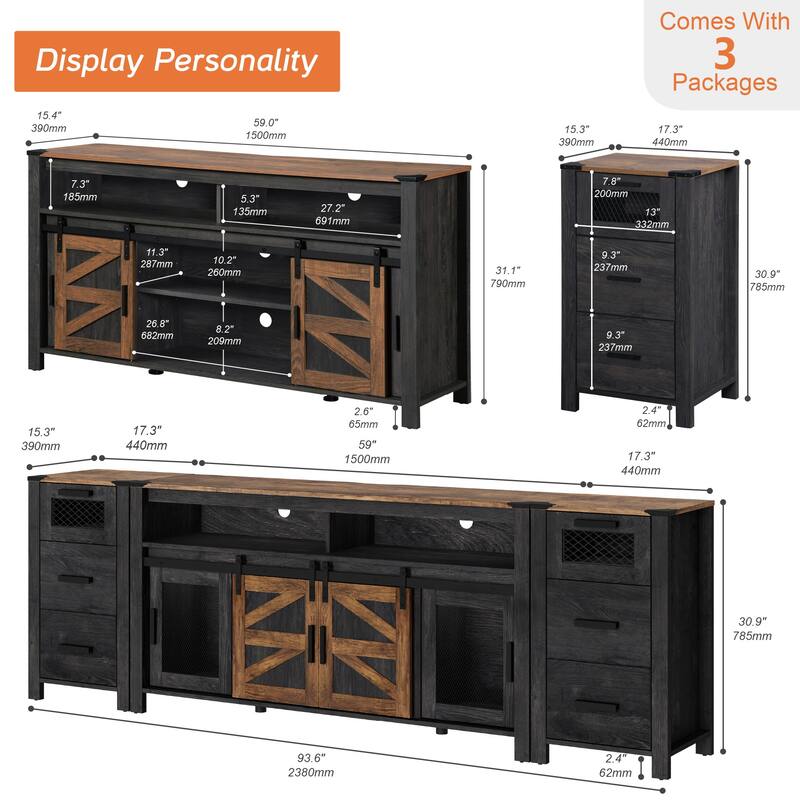 WAMPAT Drawer TV Stand set for ups to 85 inch TV with Sliding Barn Door - 1 Pack