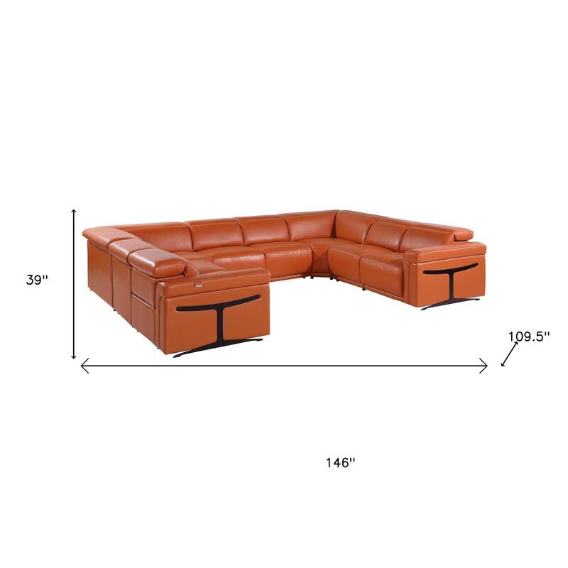 HomeRoots Camel Italian Leather Power Reclining U Shaped Eight Piece Corner Sectional With Console