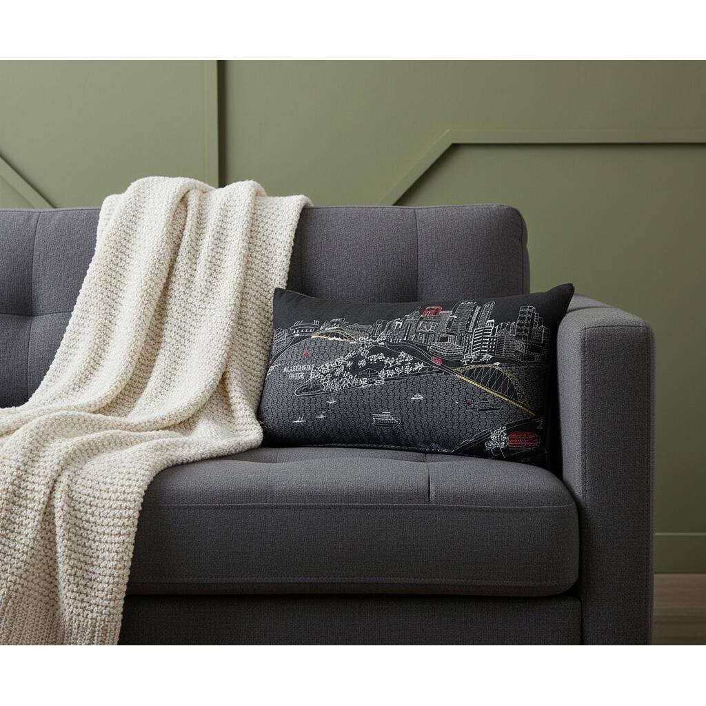 HomeRoots 14" X 24" Dark Gray And White Pittsburgh Nighttime Skyline Lumbar Decorative Pillow