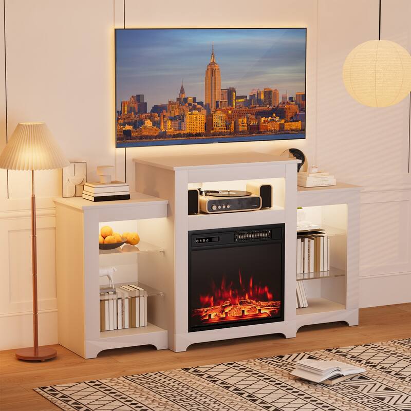32" H TV Stand with Fireplace for TVs up to 80" - Remote Control, Energy-Efficient Heater, 16-Color Light Strip - 55'' - White