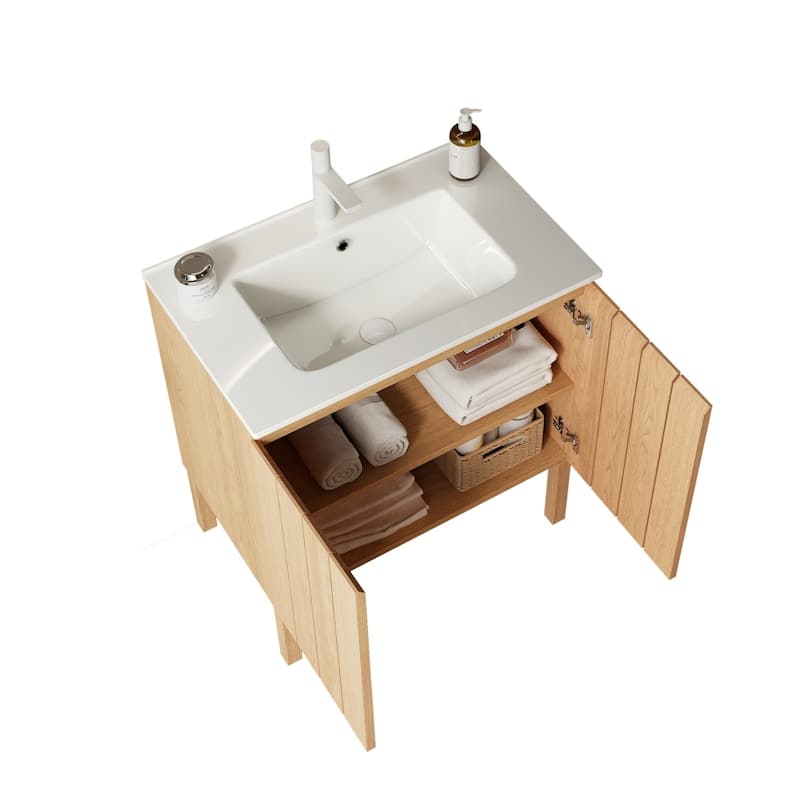 GDFStudio - Niko Modern 30" Freestanding Bathroom Vanity with Double Doors & White Ceramic Basin, WITHOUT Faucet - Natural Wood