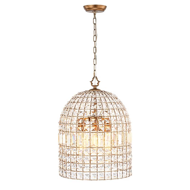 Vintage Glam Crystal Bird Cage Lantern Chandelier - Distressed Brass