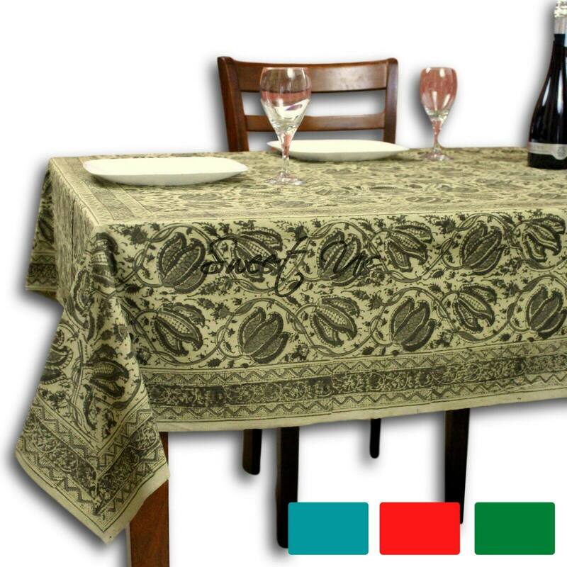 Cotton Vegetable Dye Block Print Rustic Vintage Floral Tablecloth