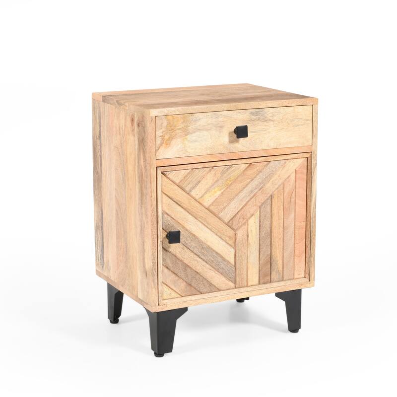 Roomfitters Solid Wood Nightstand, Hand-Carved Bedside Table Storage Cabinet with Drawer and Mango Wood Frame, Natural